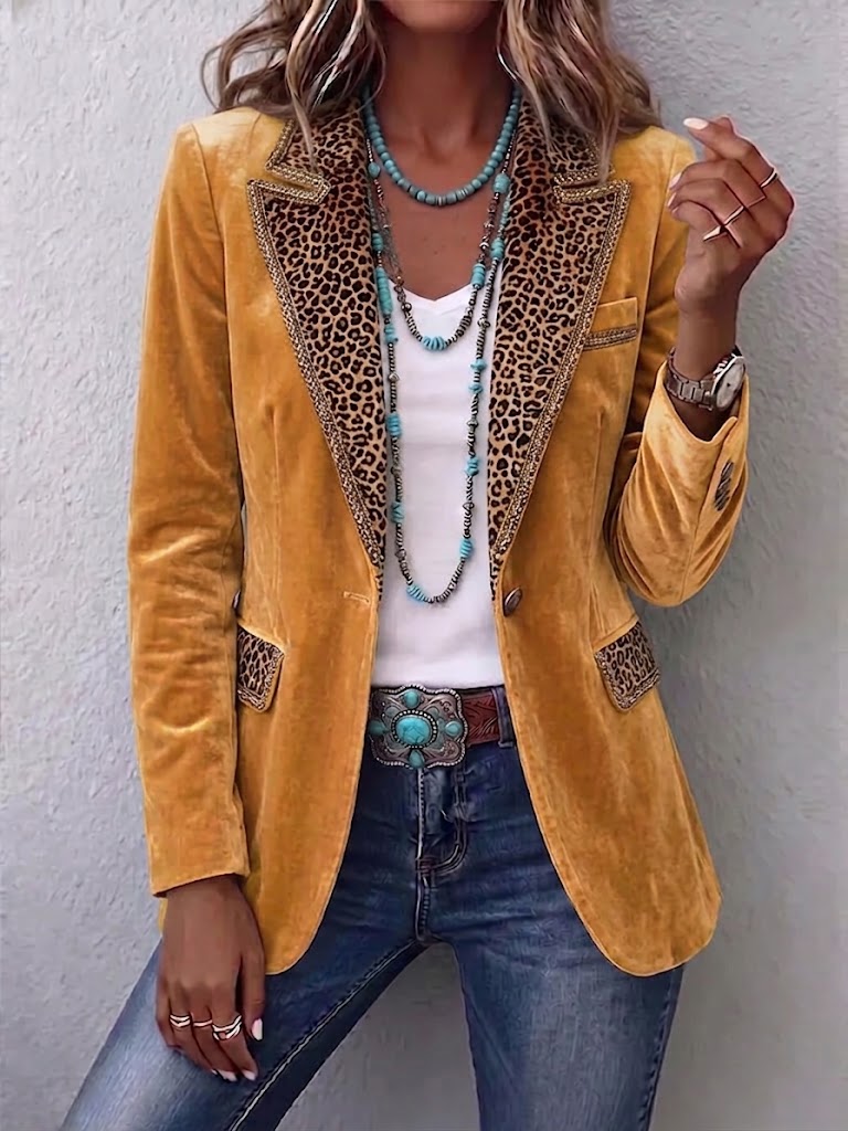 Long-sleeve Solid-color Gold Velvet Jacket With Lace Paneling