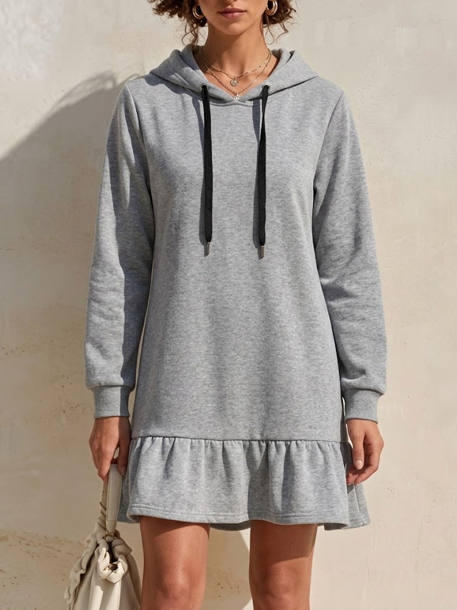 Hooded Drawstring Ruffle Hem Sweatshirt Dress