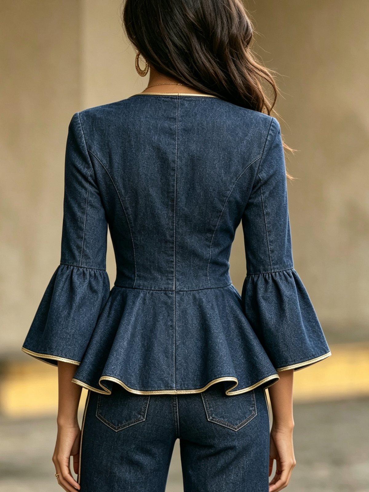Elegant Chic Ruffled Denim Top With Gold Trim