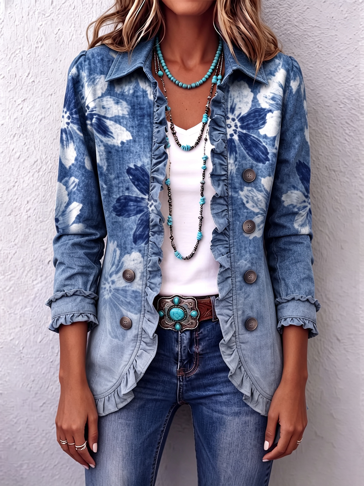 Boho-chic Vintage-inspired Floral Ruffle Jacket