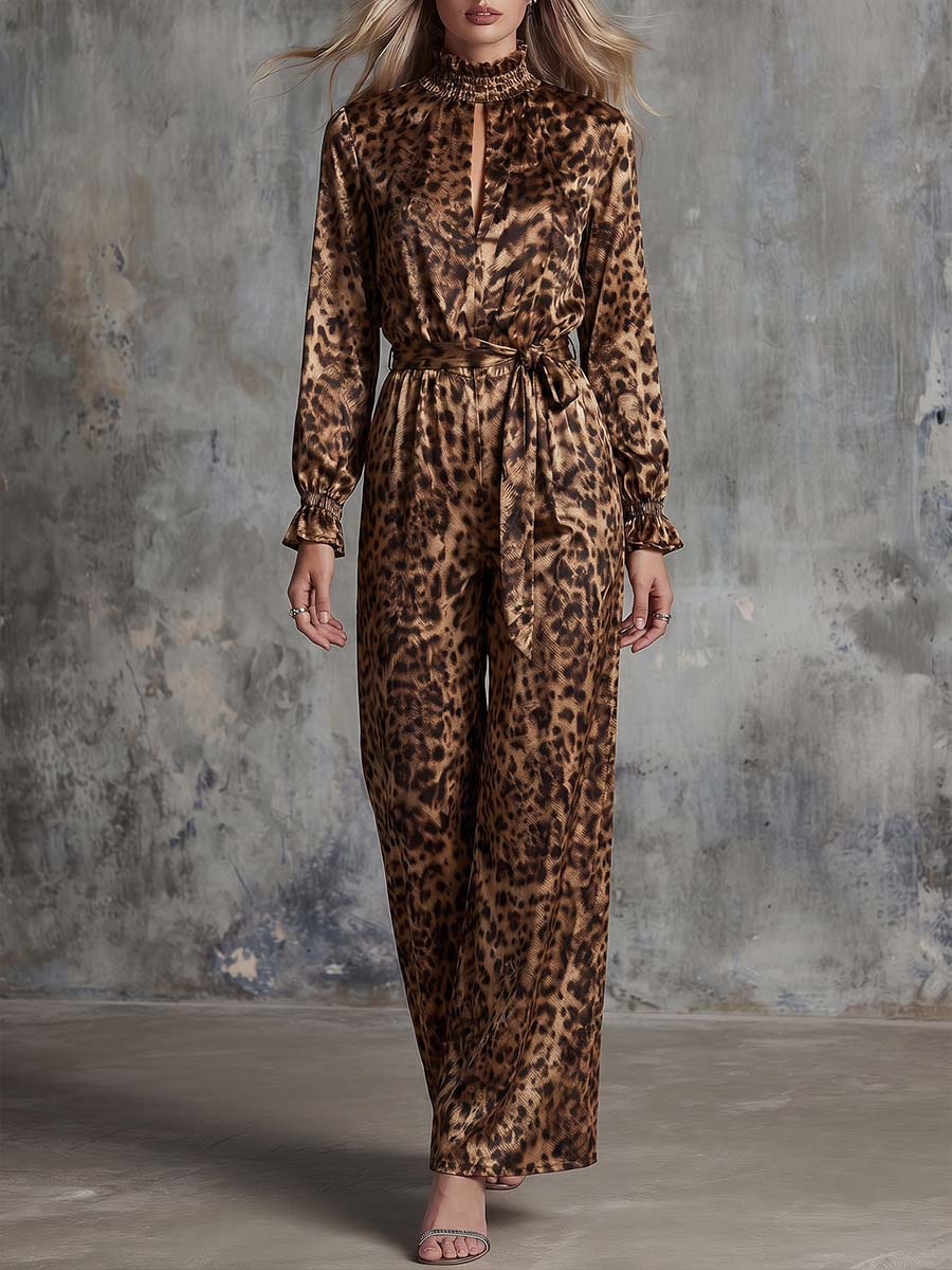 Women's Leopard Print Stand Collar Long Sleeve Casual Loose Wide Leg Jumpsuit