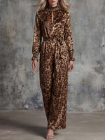 Women's Leopard Print Stand Collar Long Sleeve Casual Loose Wide Leg Jumpsuit