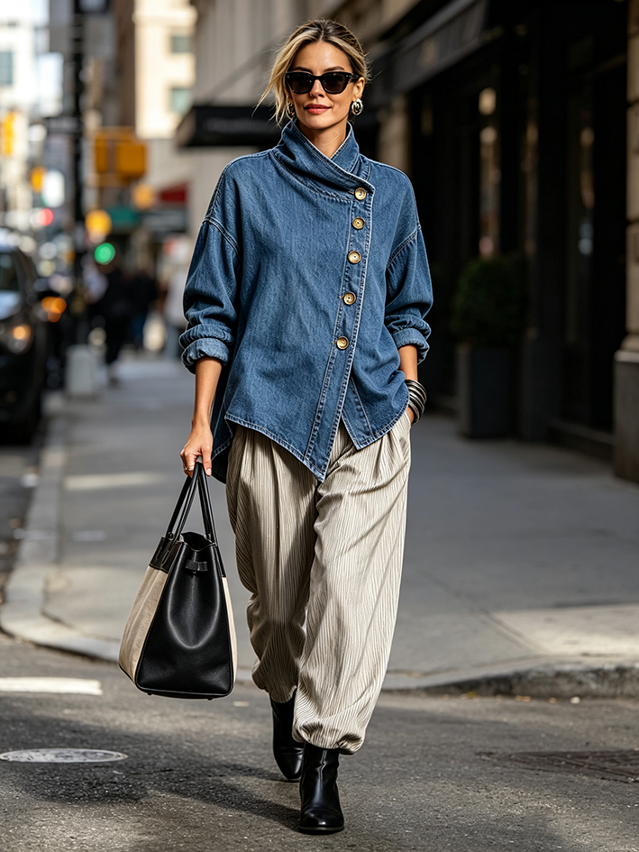 Ŝika Oversized Malsimetria Denim Ĉemizo
