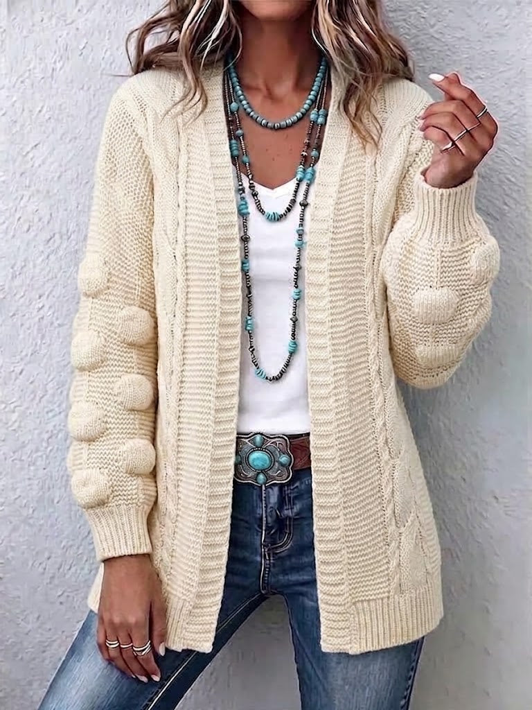 V-neck Cable-knit Longline Cardigan With 3d Pom-poms