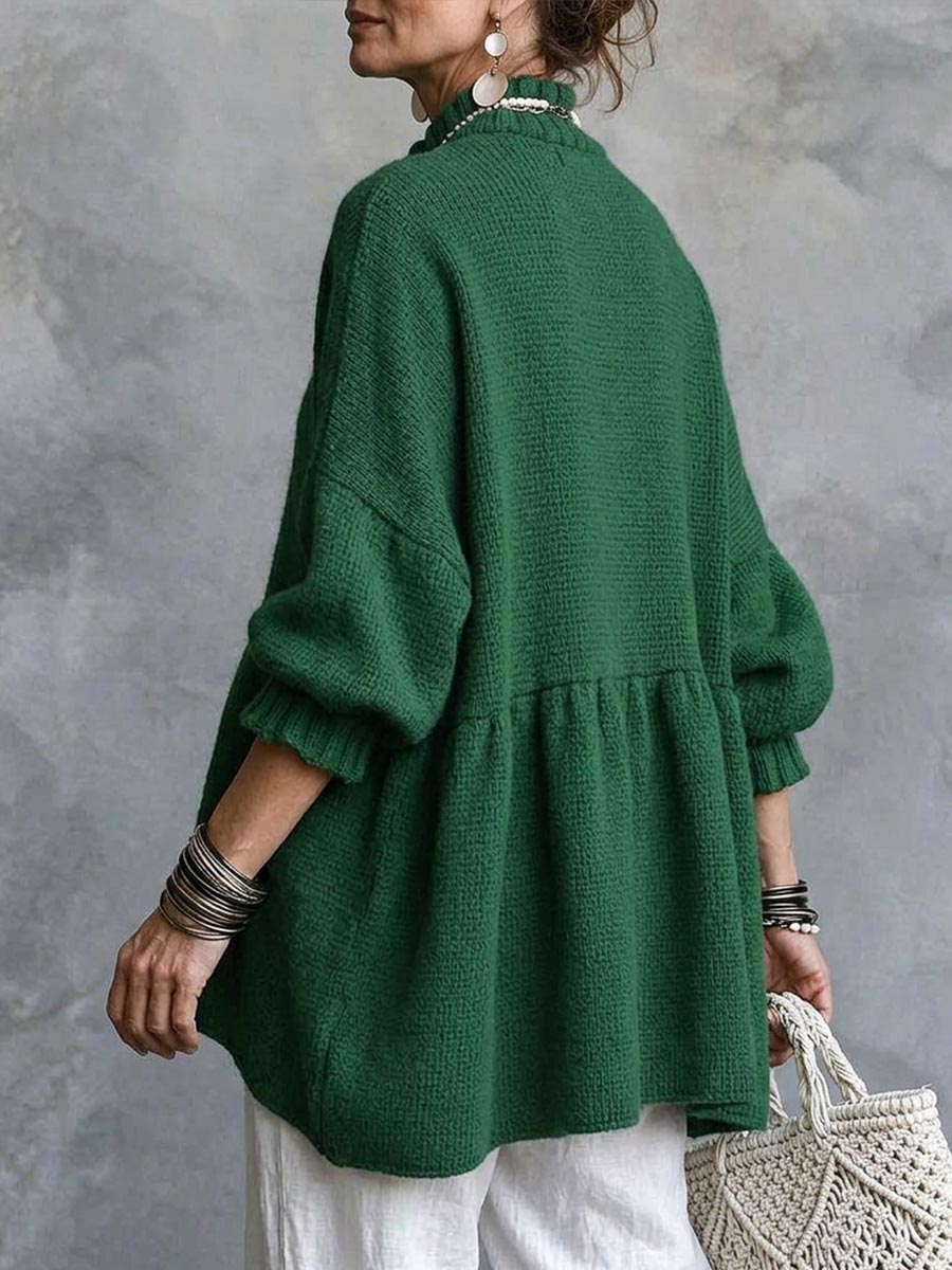 Women's Casual Green Knit Peplum Tunic Top with Lantern Sleeves