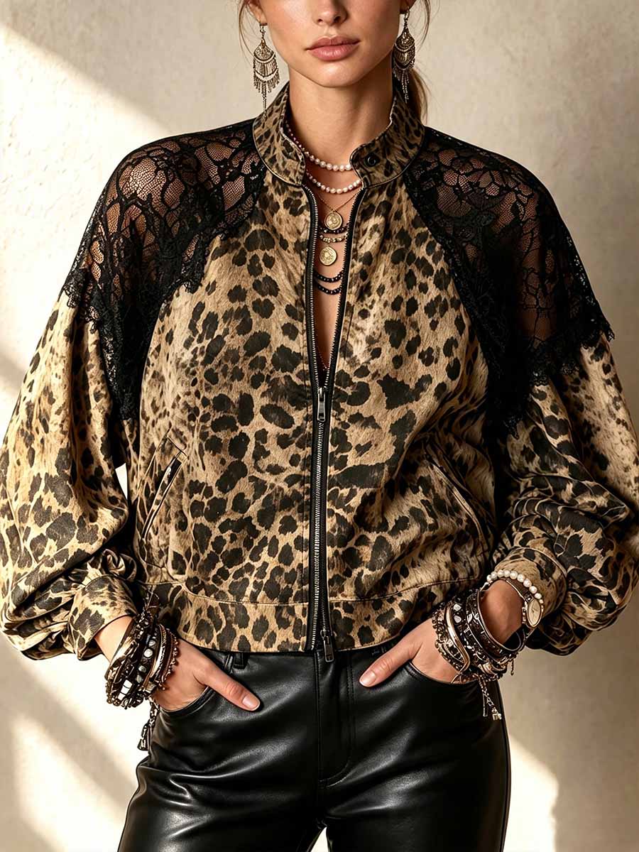 Women's Stand Collar Long Sleeve Casual Loose Leopard Print Patchwork Lace Jacket