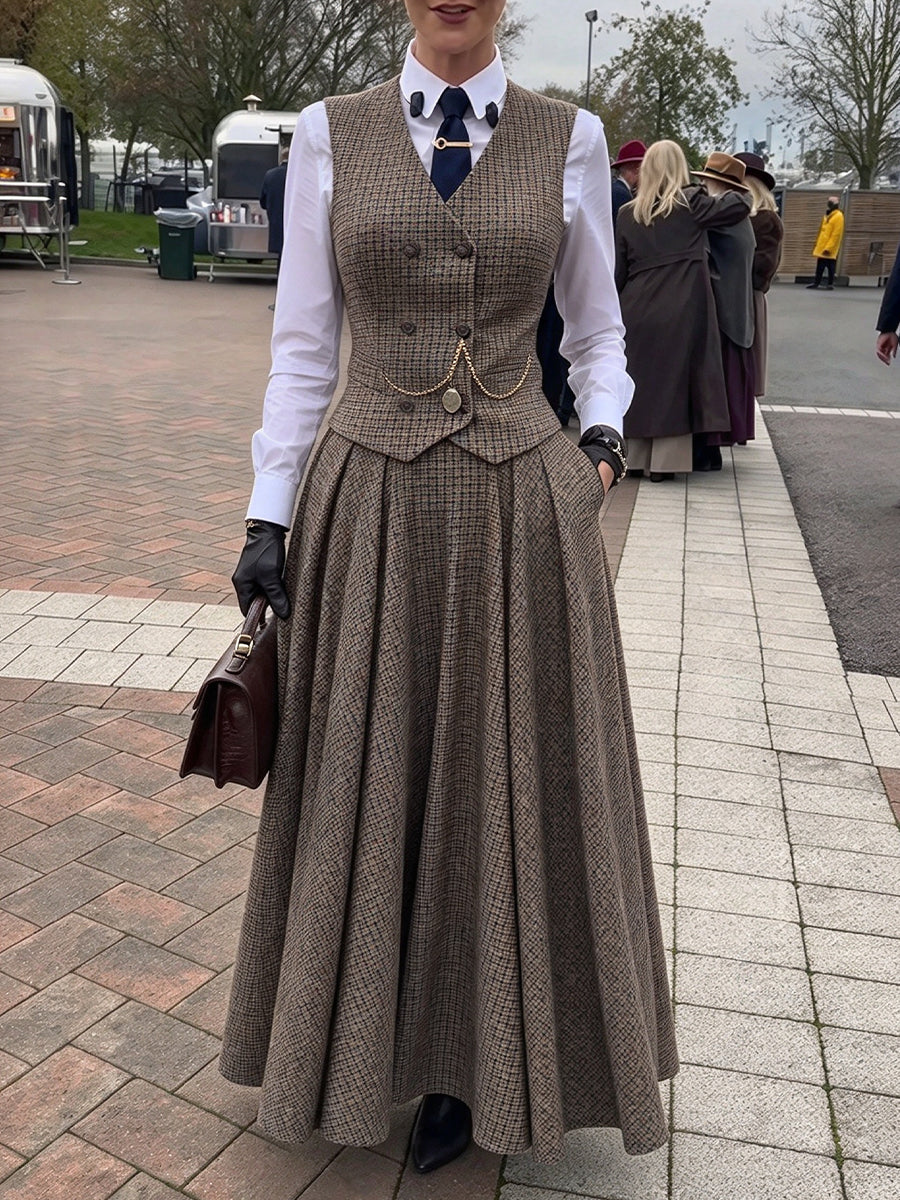 Zweiteiliges Set aus karierter Weste und langem Rock aus Wollmischung im Vintage-Stil