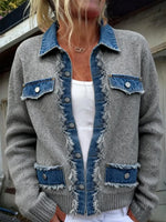 Edgy Frayed Denim Spliced Knit Cardigan