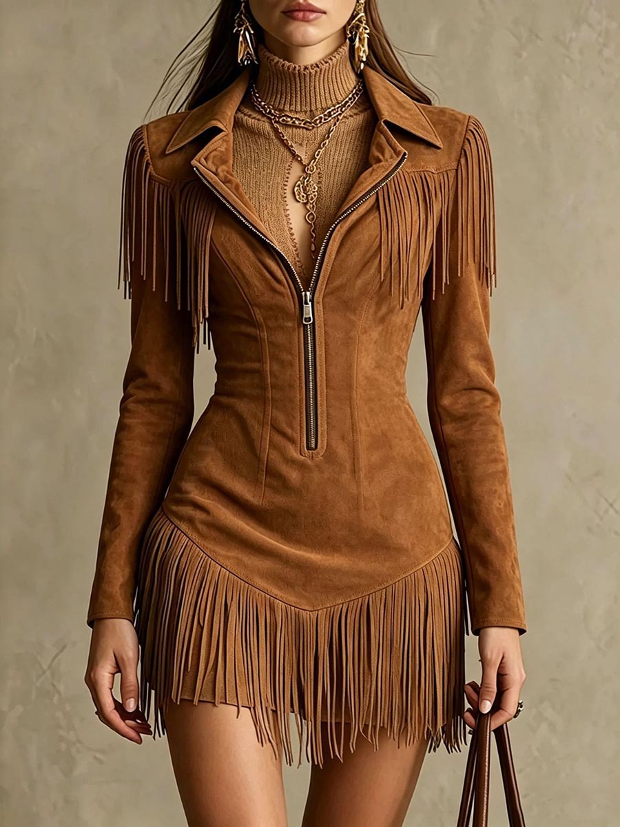 Minivestido estilo western con flecos y cremallera de ante sintético