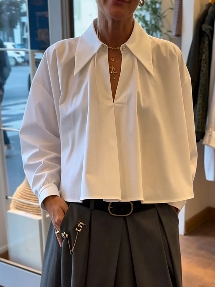 Elegant Pleated White Shirt And Grey Skirt Set