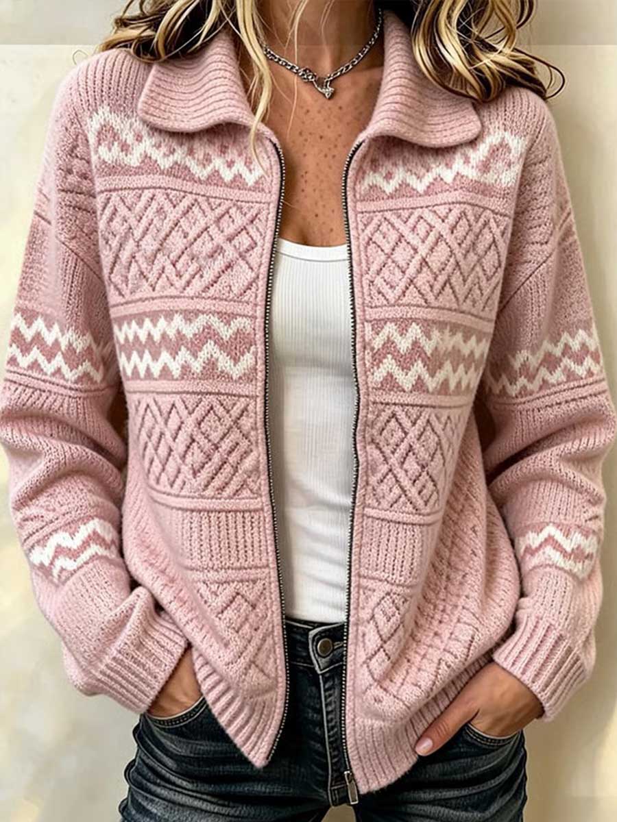 Women's Geometric Print Lapel Long-sleeve Loose-fit Knit Cardigan