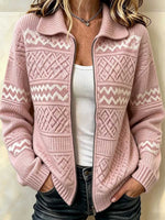 Women's Geometric Print Lapel Long-sleeve Loose-fit Knit Cardigan