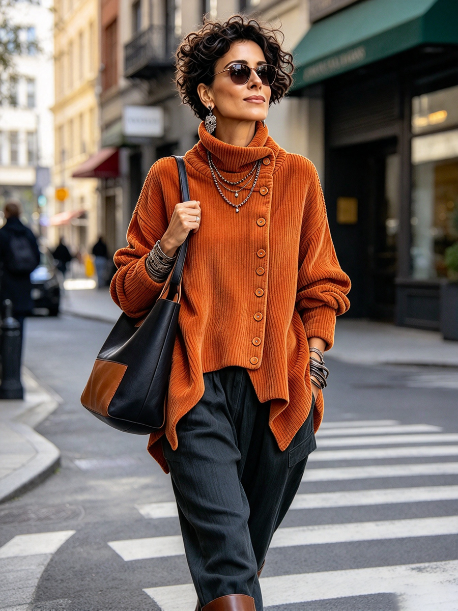 Ŝika Malsimetria Buton-supren Kolumo Corduroy Top