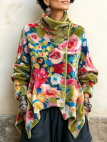 Vintage Flora Presaĵo Malsimetria Butono Turtleneck Top