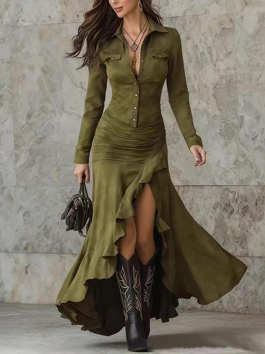Women's Solid Color Lapel Long-sleeved Casual Loose A-line Slit Dress