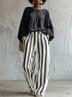 Comfortable Classic Striped Cotton-linen Two-piece Set