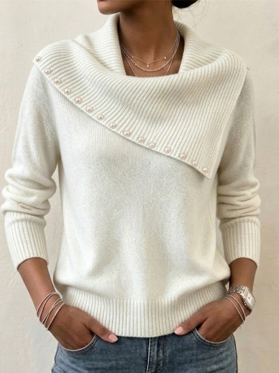Asymmetric Pearl‑trim Draped Cowl Collar Knit Sweater