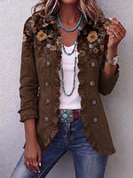 Women's Retro-style Printed Collared Long-sleeved Casual Loose Cotton Cardigan