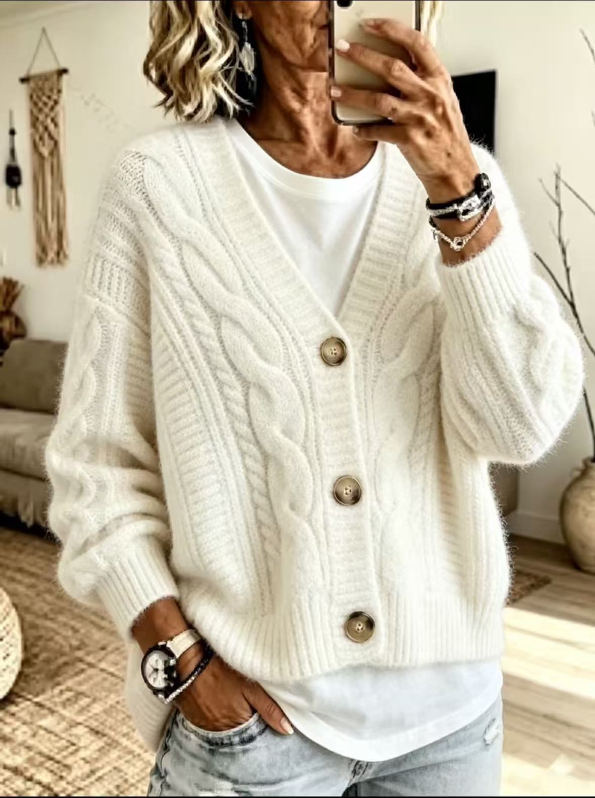 Casual And Cozy Cable-knit V-neck Cardigan