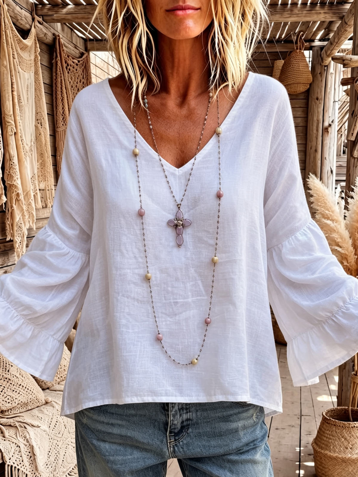 Casual Bohemian Flared Sleeve V-neck Top
