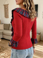 Cardigan da donna con bottoni in maglia a costine e scollo a V con volant scozzese
