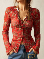 Top fruncido con botones y cuello en V con estampado floral bohemio para mujer