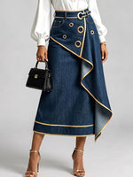 Women's High-waisted Deconstructed Loose A-line Denim Skirt With Luxurious Gold Trim