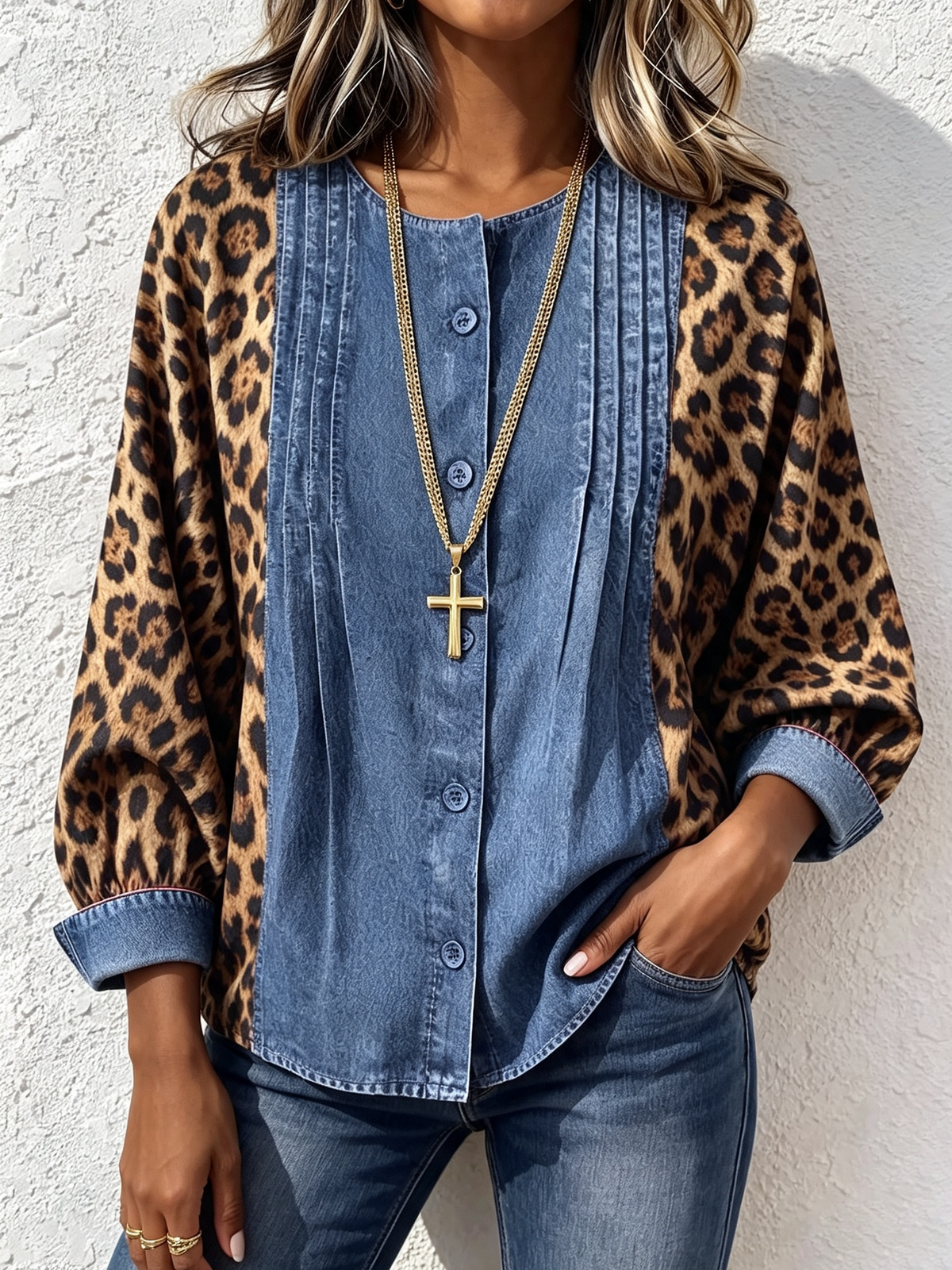 Boho Chic Bold Leopard-print Denim Shirt