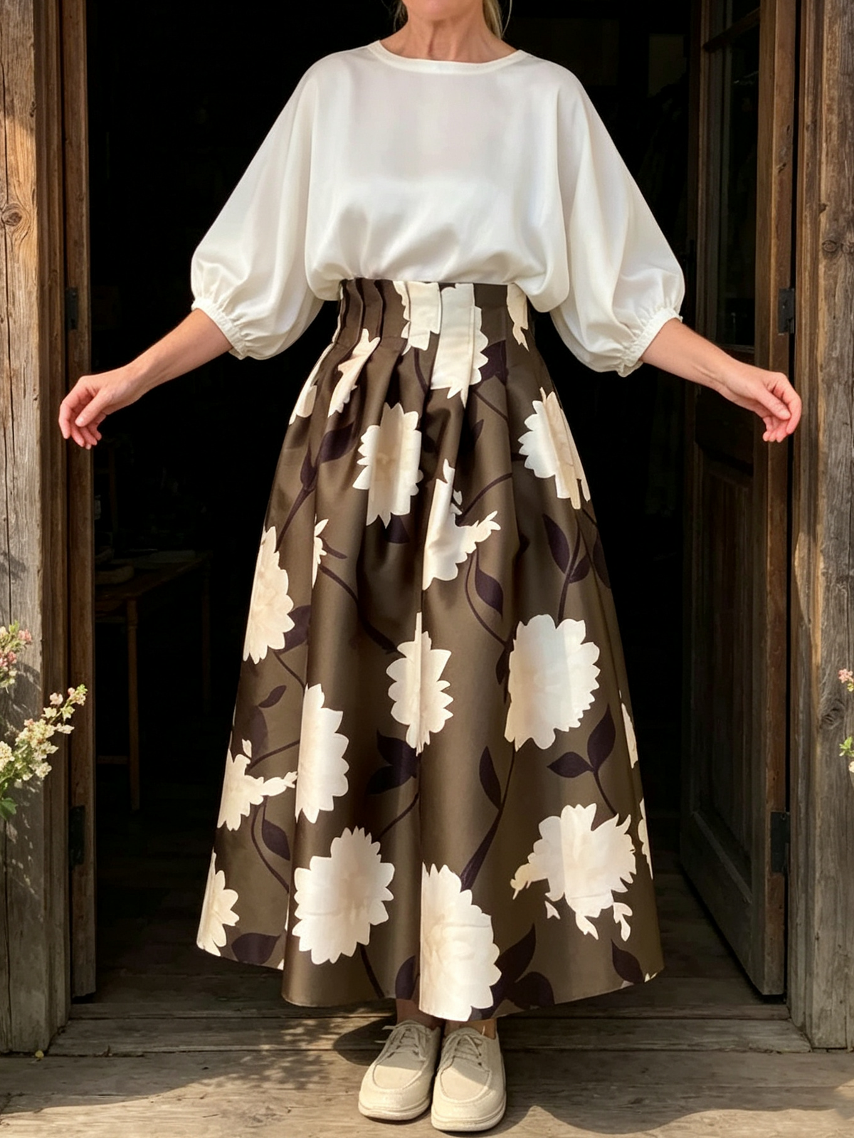 Elegant Vintage-inspired Floral Pleats Midi Skirt