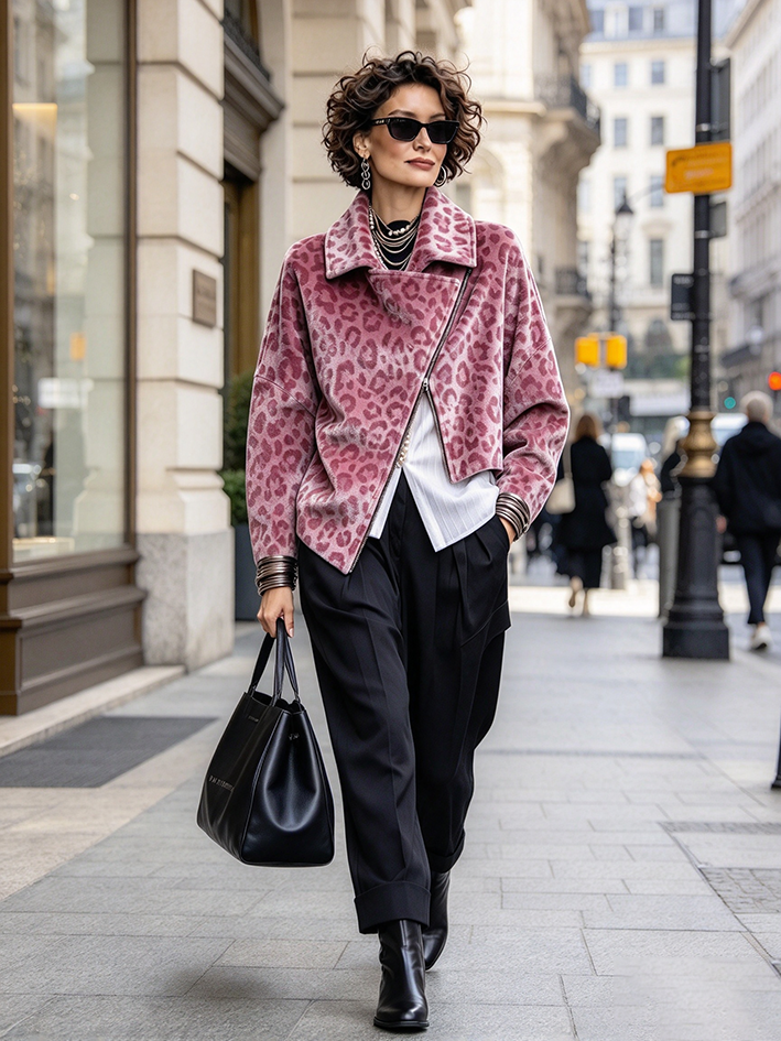 Asymmetric Zipper Pink Leopard Print Velvet Jacket