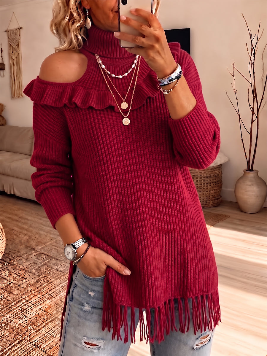 Chic Cold-Shoulder Fringe Hem Knit Sweater