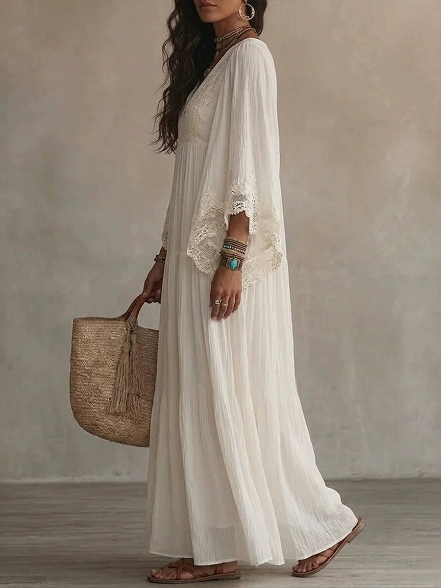 Maxi abito in pizzo patchwork e chiffon accogliente e romantico