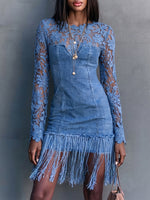 Elegant Denim Dress With Lace And Tassel Paneling