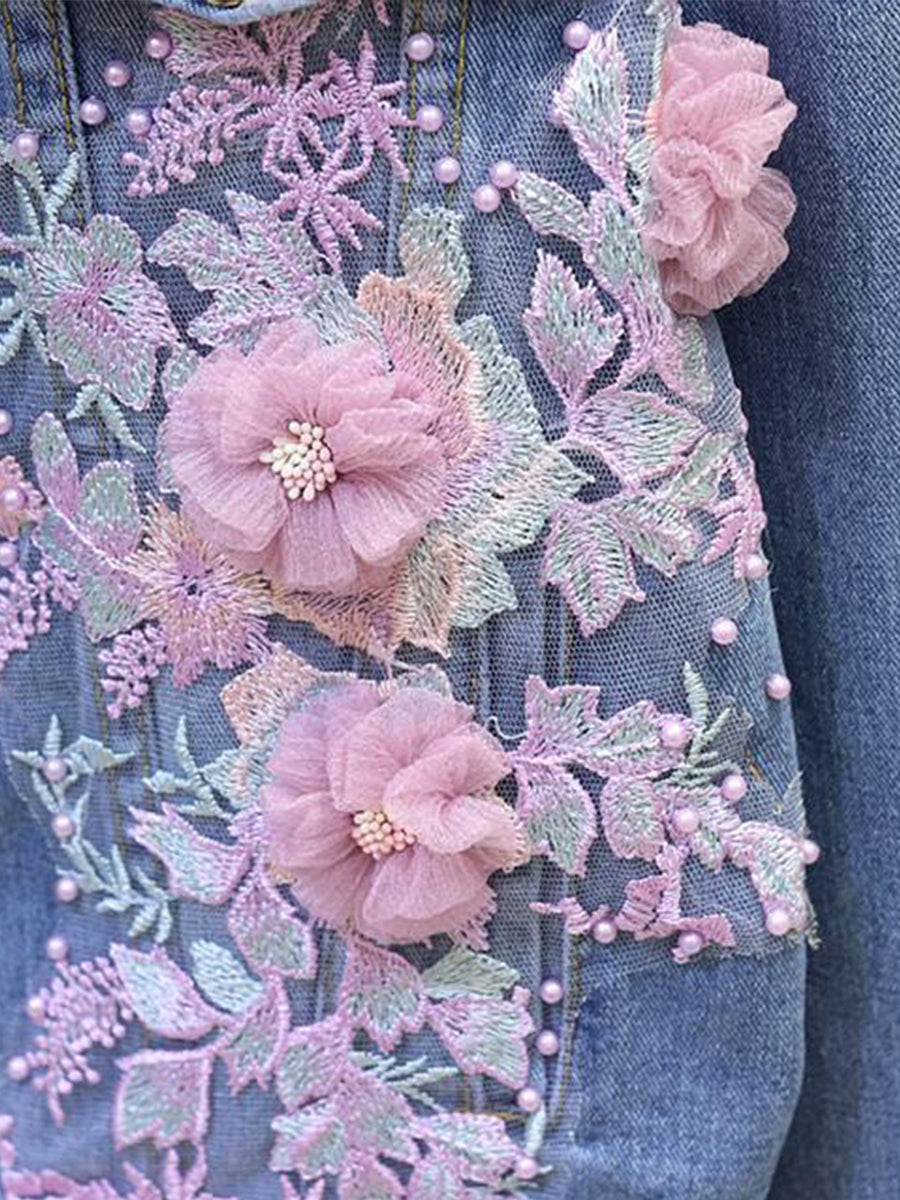 Romantic 3D Floral Applique Pearl Denim Jacket