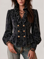 Top elegante in velluto floreale in stile vintage con colletto e orlo arricciati.