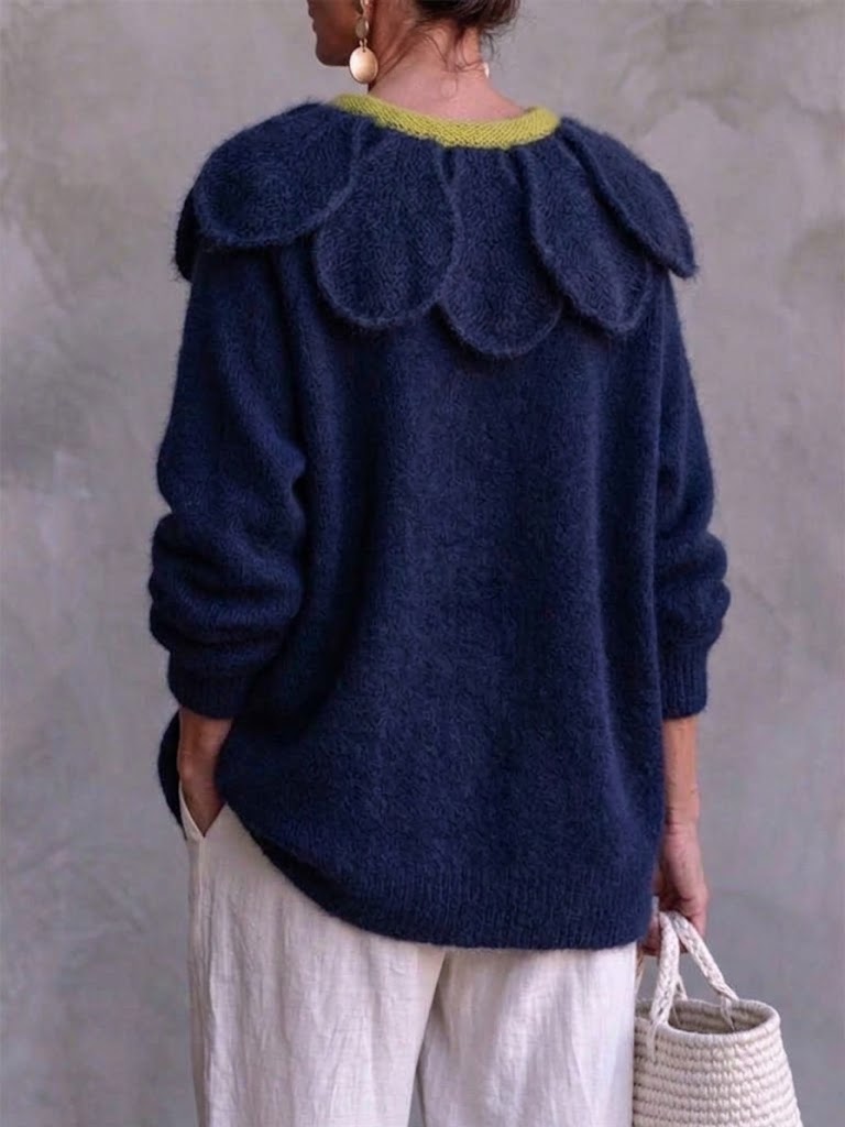 Jersey oversize de punto con motivo floral grande y cuello en contraste
