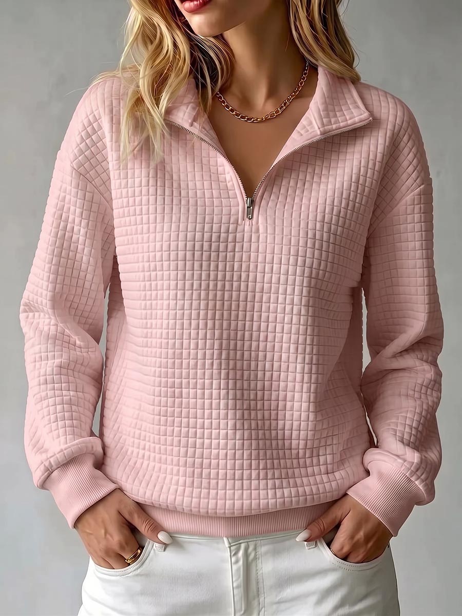 Women's Solid Color Stand Collar Long Sleeve Casual Loose Waffle Knit Pullover