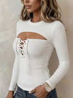 Women's Solid Color Crew Neck Long-sleeve Casual Knit Top With Wide Cut-outs And Lace-up Detail