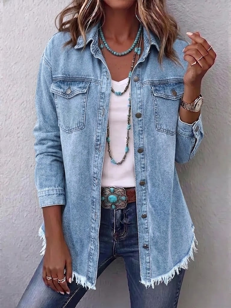 Frayed-hem Washed Denim Jacket