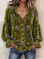 Damen-Strickjacke mit V-Ausschnitt und langen Ärmeln, lässig, locker, Vintage-Stil, Blumenmuster, Samt-Cardigan
