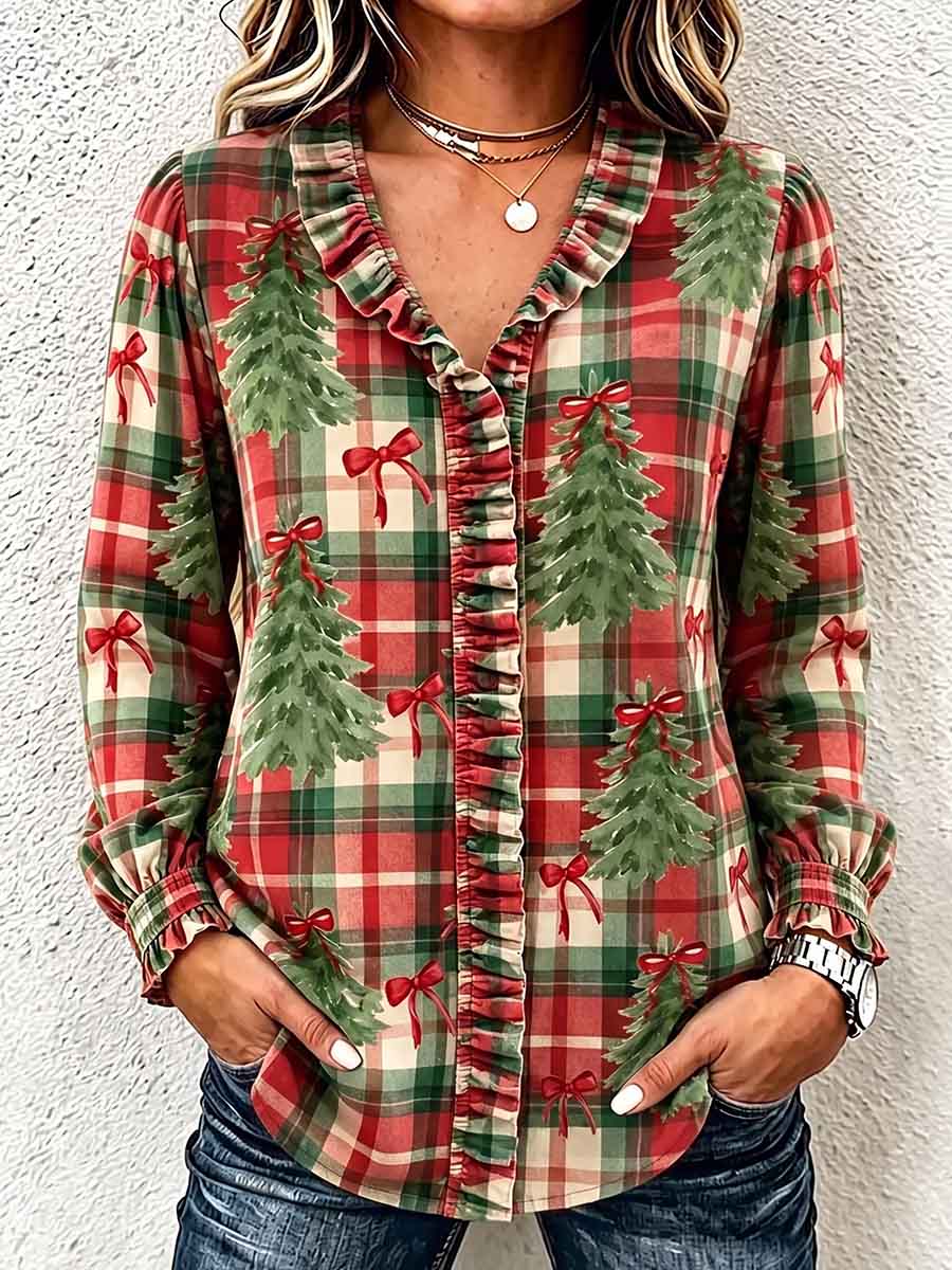 Damen-Hemd aus Baumwoll-Leinen mit kariertem Weihnachtsbaum-Print – V-Ausschnitt mit Salatkante, lange Ärmel, lockere, lässige Passform