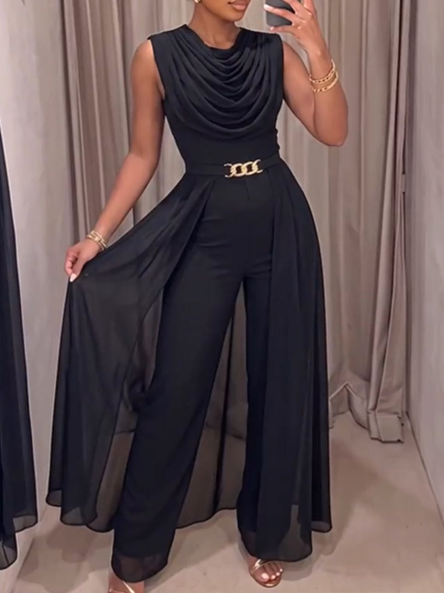 Schicker, schwarzer, drapierter, mehrlagiger Chiffon-Jumpsuit