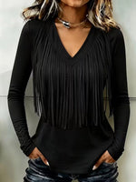 Top da donna con nappe casual larghe con scollo a V a maniche lunghe in tinta unita