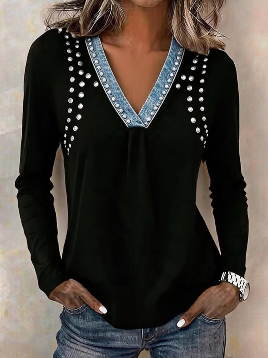 Chic Denim-Trimmed Studded V-Neck Top