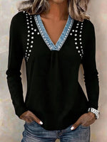 Chic Denim-Trimmed Studded V-Neck Top