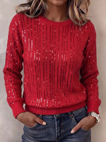 Women's Red Vertical Sequin Stripe Knit Sweater