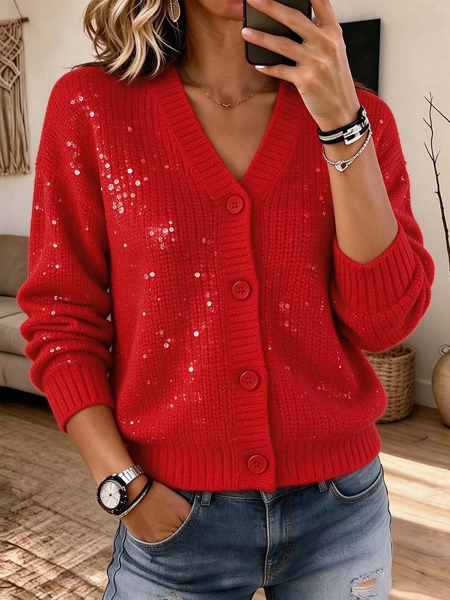 Cardigan in maglia abbottonata con paillettes rosse con scollo a V da donna