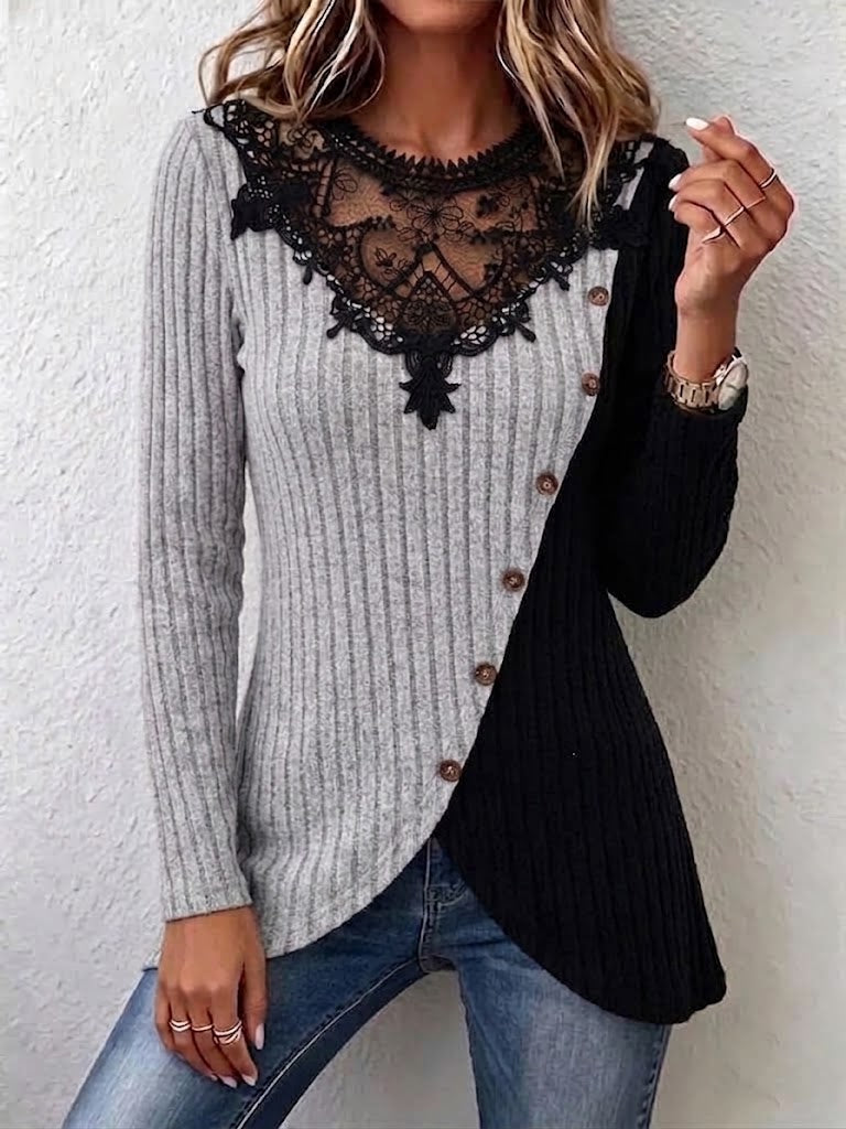 Ribbed Knit Long-sleeve Top Featuring Lace Splicing, Color-blocking, An Asymmetrical Design, And A Side-button Closure
