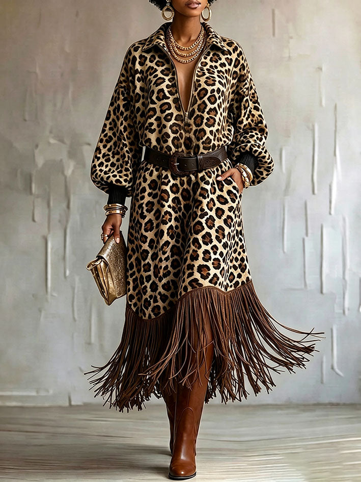 Leopard Print Fringed Hem Zip-up Midi Dress