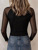Virina Solida Koloro V-kolo Long-maniko Svelt-taŭga Mesh-panelo Casual Top